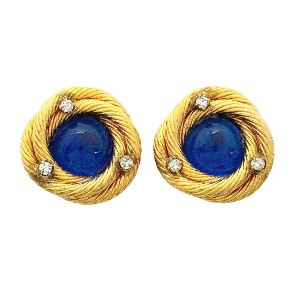 Chanel Earrings, Circle, GP Plated, Rhinestone, Gripoix Gold, Blue, Women's